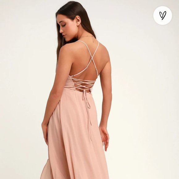 Brand New Lulus In Love Forever Light Blush Lace-Up High-Low Maxi Dress - Picture 4 of 6